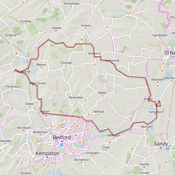 Map miniature of "Magnificent Gravel Ride" cycling inspiration in Bedfordshire and Hertfordshire, United Kingdom. Generated by Tarmacs.app cycling route planner