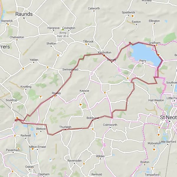 Map miniature of "Gravel Delights" cycling inspiration in Bedfordshire and Hertfordshire, United Kingdom. Generated by Tarmacs.app cycling route planner