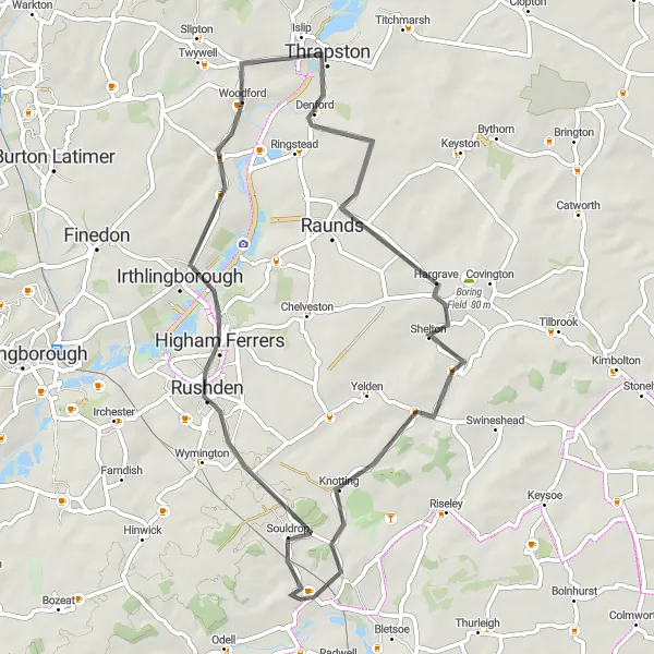 Map miniature of "Sharnbrook Loop" cycling inspiration in Bedfordshire and Hertfordshire, United Kingdom. Generated by Tarmacs.app cycling route planner