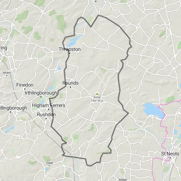 Map miniature of "Discover the Charm of East Northamptonshire" cycling inspiration in Bedfordshire and Hertfordshire, United Kingdom. Generated by Tarmacs.app cycling route planner