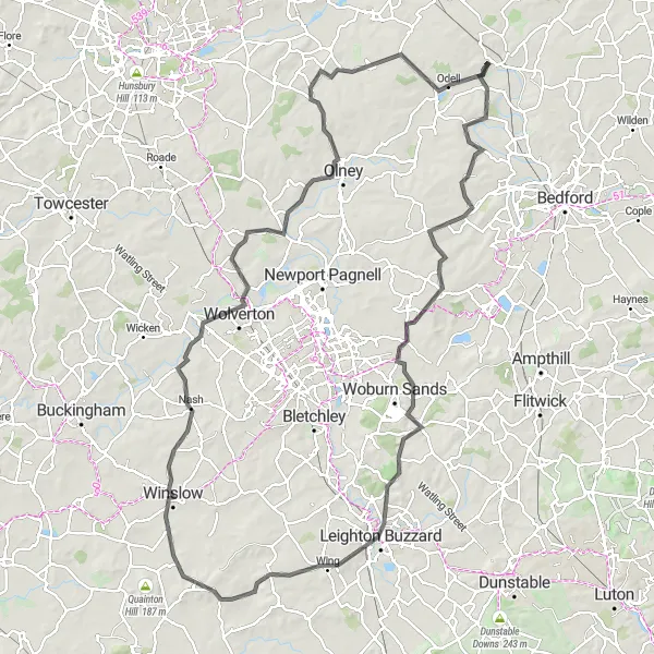 Map miniature of "Sharnbrook Loop" cycling inspiration in Bedfordshire and Hertfordshire, United Kingdom. Generated by Tarmacs.app cycling route planner