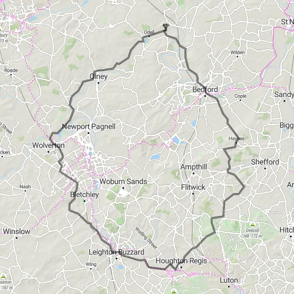 Map miniature of "Bedfordshire Countryside Ride" cycling inspiration in Bedfordshire and Hertfordshire, United Kingdom. Generated by Tarmacs.app cycling route planner