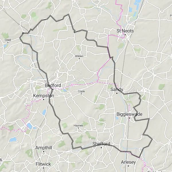 Map miniature of "Bedfordshire Loop" cycling inspiration in Bedfordshire and Hertfordshire, United Kingdom. Generated by Tarmacs.app cycling route planner