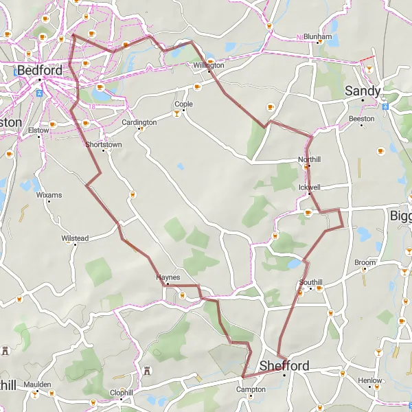 Map miniature of "Shefford Woodland Loop" cycling inspiration in Bedfordshire and Hertfordshire, United Kingdom. Generated by Tarmacs.app cycling route planner