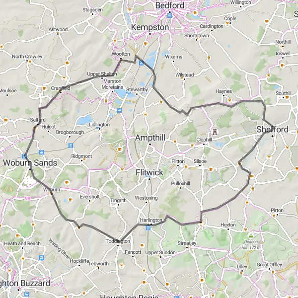Map miniature of "The Shefford Circular" cycling inspiration in Bedfordshire and Hertfordshire, United Kingdom. Generated by Tarmacs.app cycling route planner