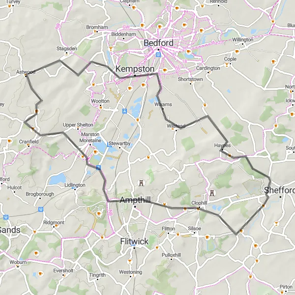 Map miniature of "Shefford and Surrounding Villages" cycling inspiration in Bedfordshire and Hertfordshire, United Kingdom. Generated by Tarmacs.app cycling route planner