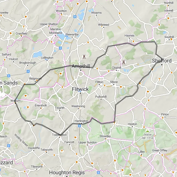 Map miniature of "The Scenic Bedfordshire Route" cycling inspiration in Bedfordshire and Hertfordshire, United Kingdom. Generated by Tarmacs.app cycling route planner