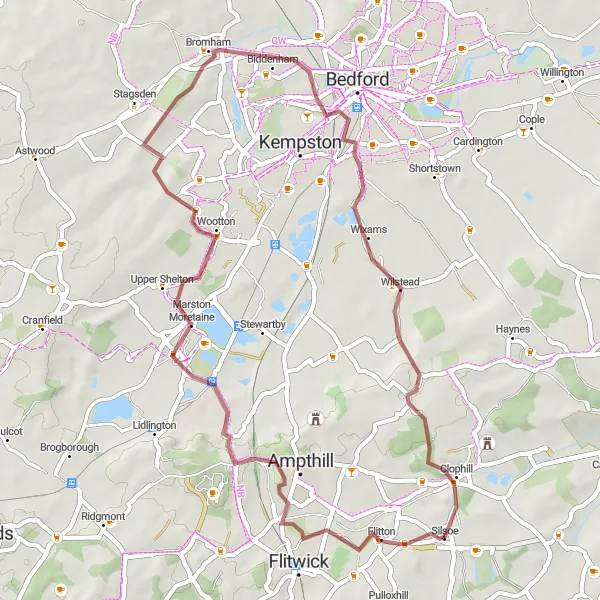 Map miniature of "Discover the Gravel Paths of Bedfordshire" cycling inspiration in Bedfordshire and Hertfordshire, United Kingdom. Generated by Tarmacs.app cycling route planner