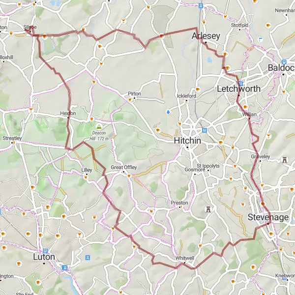 Map miniature of "Bedfordshire Gravel Loop" cycling inspiration in Bedfordshire and Hertfordshire, United Kingdom. Generated by Tarmacs.app cycling route planner