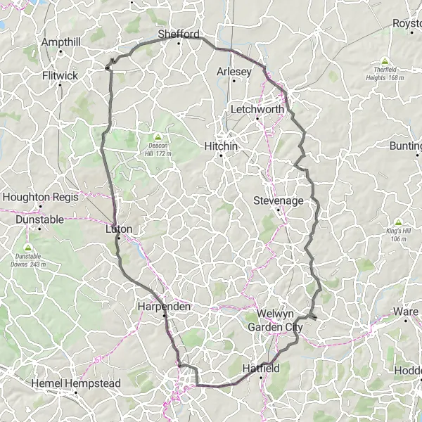 Map miniature of "Silsoe to Luton Loop" cycling inspiration in Bedfordshire and Hertfordshire, United Kingdom. Generated by Tarmacs.app cycling route planner