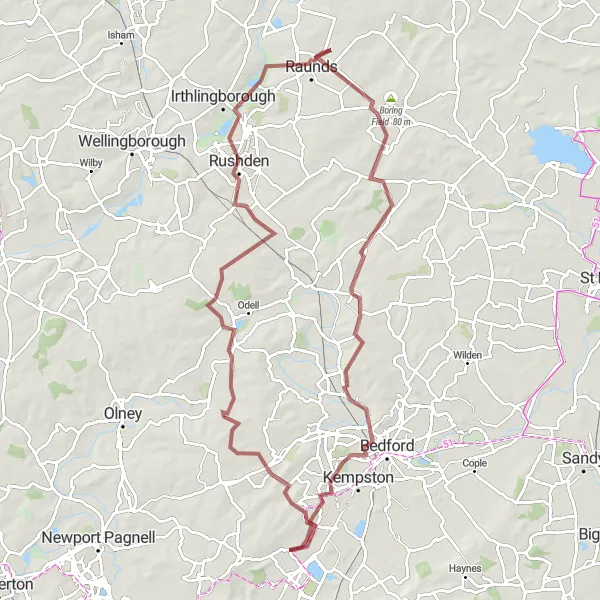Map miniature of "Gravel Ride to Rushden" cycling inspiration in Bedfordshire and Hertfordshire, United Kingdom. Generated by Tarmacs.app cycling route planner