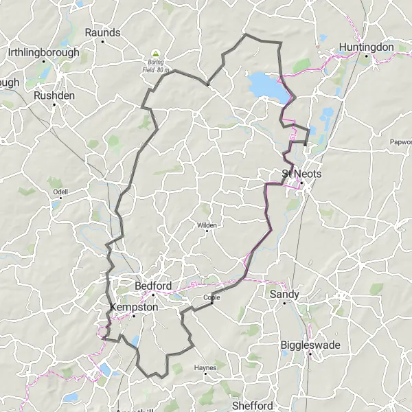Map miniature of "Bedfordshire Loop" cycling inspiration in Bedfordshire and Hertfordshire, United Kingdom. Generated by Tarmacs.app cycling route planner