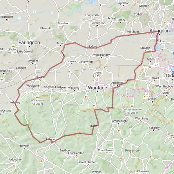 Map miniature of "The Ridgeway Loop" cycling inspiration in Berkshire, Buckinghamshire and Oxfordshire, United Kingdom. Generated by Tarmacs.app cycling route planner