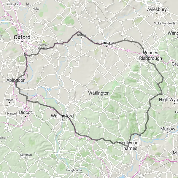 Map miniature of "Thames Valley Road Loop" cycling inspiration in Berkshire, Buckinghamshire and Oxfordshire, United Kingdom. Generated by Tarmacs.app cycling route planner