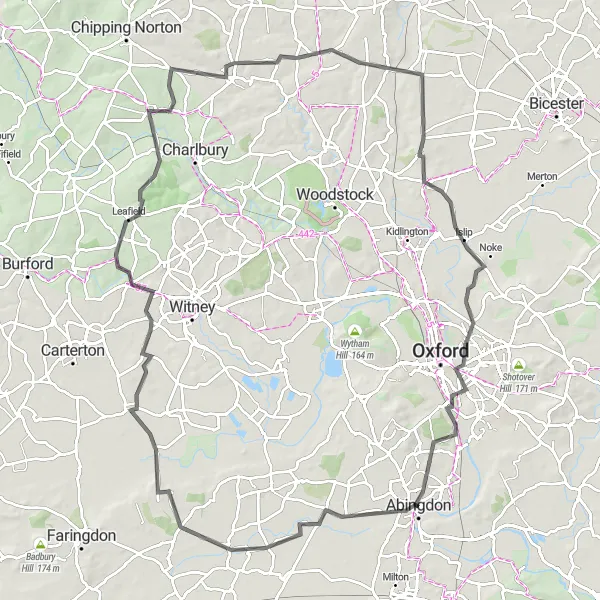 Map miniature of "The Oxfordshire Explorer" cycling inspiration in Berkshire, Buckinghamshire and Oxfordshire, United Kingdom. Generated by Tarmacs.app cycling route planner