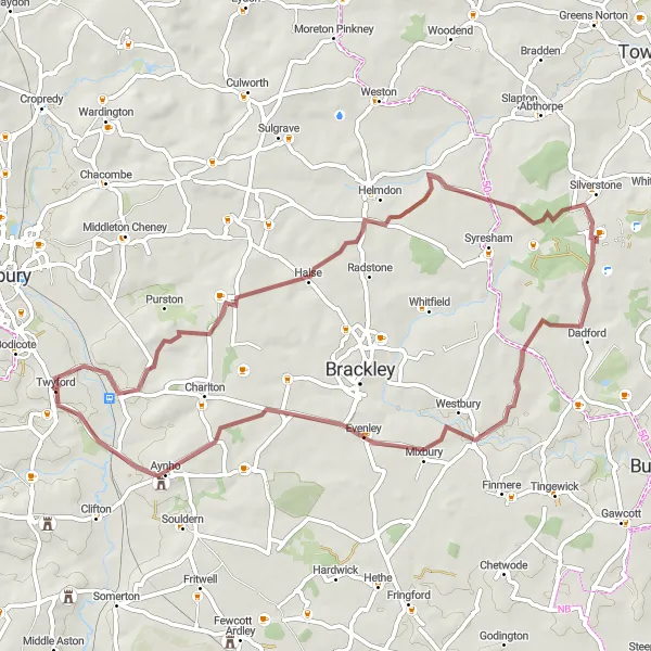 Map miniature of "Kings Sutton to Evenley Gravel" cycling inspiration in Berkshire, Buckinghamshire and Oxfordshire, United Kingdom. Generated by Tarmacs.app cycling route planner