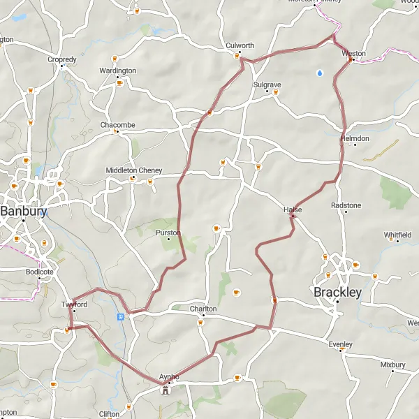 Map miniature of "Adderbury to Halse Gravel" cycling inspiration in Berkshire, Buckinghamshire and Oxfordshire, United Kingdom. Generated by Tarmacs.app cycling route planner