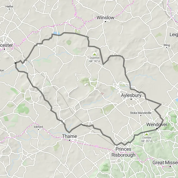 Map miniature of "Ambrosden to Ambrosden Loop via Wendover and Coombe Hill" cycling inspiration in Berkshire, Buckinghamshire and Oxfordshire, United Kingdom. Generated by Tarmacs.app cycling route planner