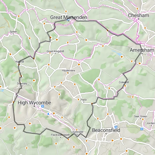 Map miniature of "Amersham to Great Missenden Cycling Tour" cycling inspiration in Berkshire, Buckinghamshire and Oxfordshire, United Kingdom. Generated by Tarmacs.app cycling route planner