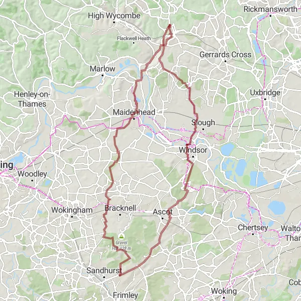 Map miniature of "The Gravel Adventure" cycling inspiration in Berkshire, Buckinghamshire and Oxfordshire, United Kingdom. Generated by Tarmacs.app cycling route planner