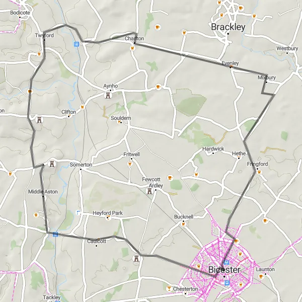 Map miniature of "Bicester and Deddington Loop" cycling inspiration in Berkshire, Buckinghamshire and Oxfordshire, United Kingdom. Generated by Tarmacs.app cycling route planner