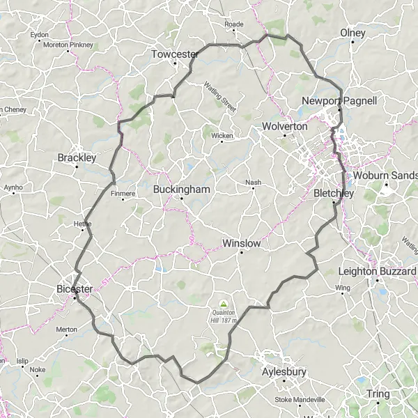 Map miniature of "Scenic Road Tour from Bicester" cycling inspiration in Berkshire, Buckinghamshire and Oxfordshire, United Kingdom. Generated by Tarmacs.app cycling route planner