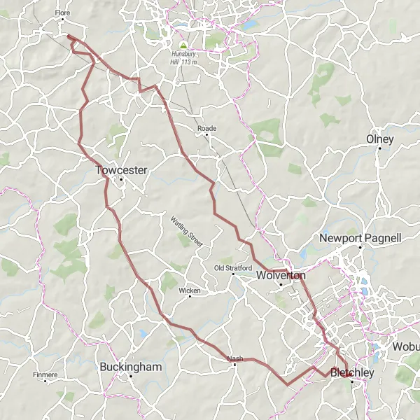 Map miniature of "Gravel Route: West Bletchley Circular" cycling inspiration in Berkshire, Buckinghamshire and Oxfordshire, United Kingdom. Generated by Tarmacs.app cycling route planner