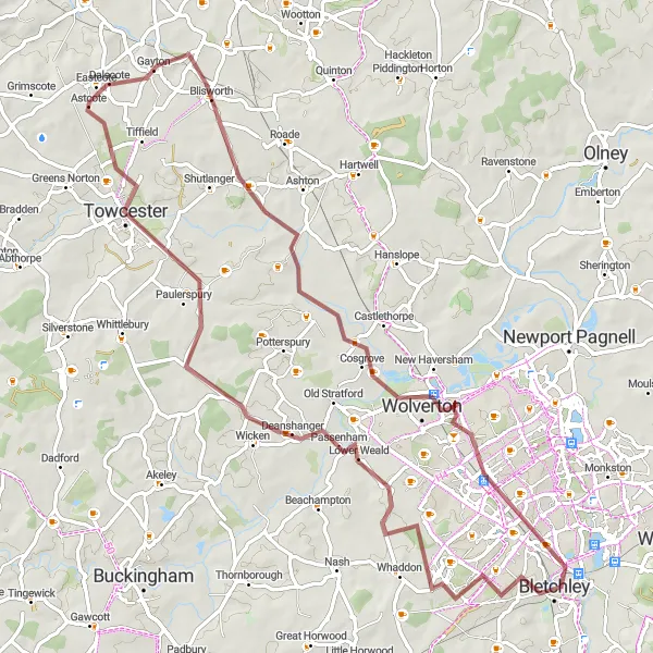 Map miniature of "Gravel Route: Towcester Adventure" cycling inspiration in Berkshire, Buckinghamshire and Oxfordshire, United Kingdom. Generated by Tarmacs.app cycling route planner