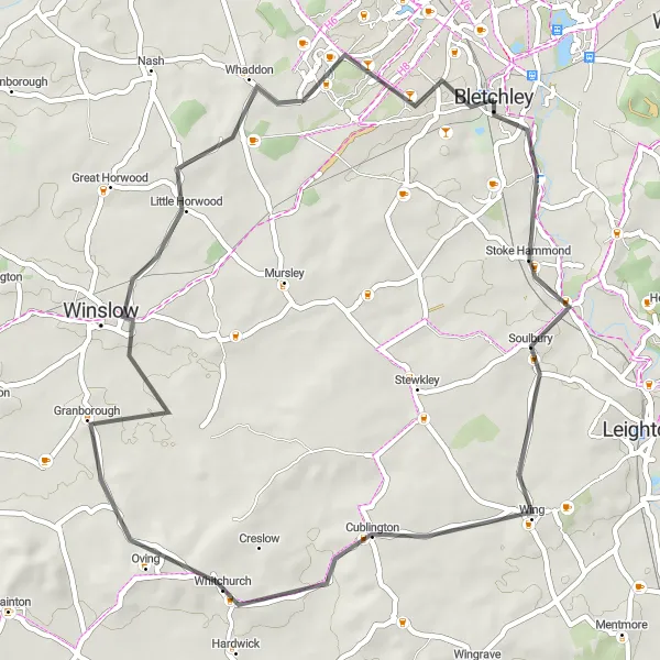 Map miniature of "Road Route: Stoke Hammond Circuit" cycling inspiration in Berkshire, Buckinghamshire and Oxfordshire, United Kingdom. Generated by Tarmacs.app cycling route planner