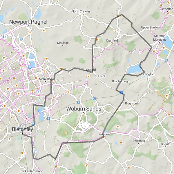 Map miniature of "Bletchley Park and Woburn Loop" cycling inspiration in Berkshire, Buckinghamshire and Oxfordshire, United Kingdom. Generated by Tarmacs.app cycling route planner