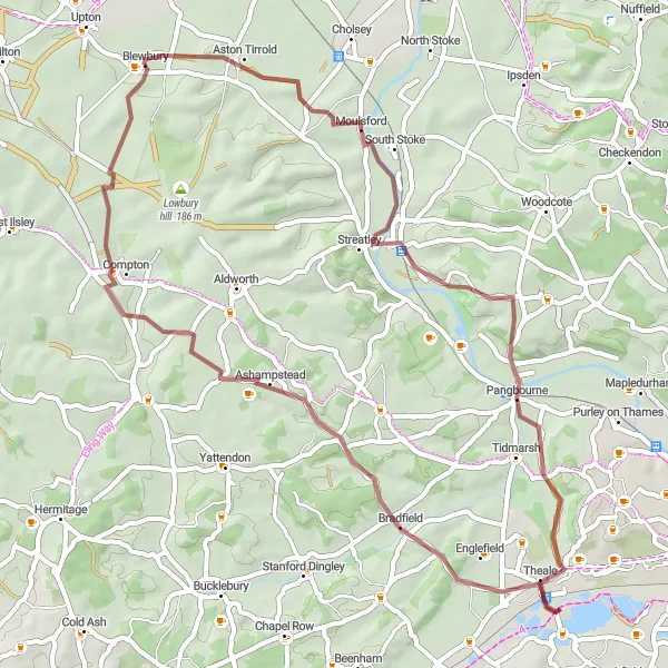 Map miniature of "Blewbury Gravel Escapade" cycling inspiration in Berkshire, Buckinghamshire and Oxfordshire, United Kingdom. Generated by Tarmacs.app cycling route planner