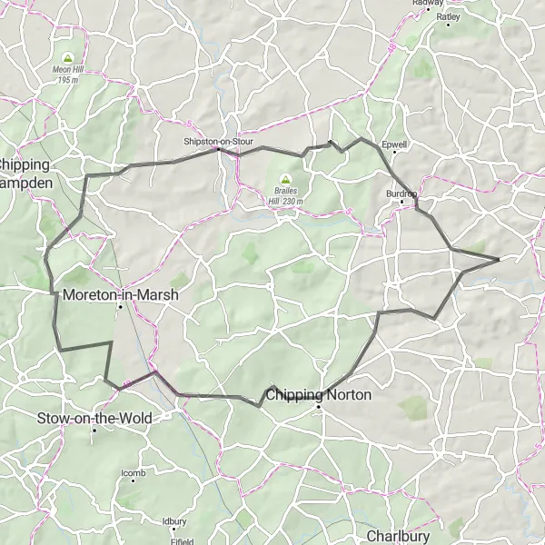 Map miniature of "The Swerford Loop" cycling inspiration in Berkshire, Buckinghamshire and Oxfordshire, United Kingdom. Generated by Tarmacs.app cycling route planner