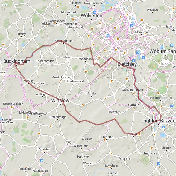 Map miniature of "Buckingham to Bletchley Park Loop" cycling inspiration in Berkshire, Buckinghamshire and Oxfordshire, United Kingdom. Generated by Tarmacs.app cycling route planner