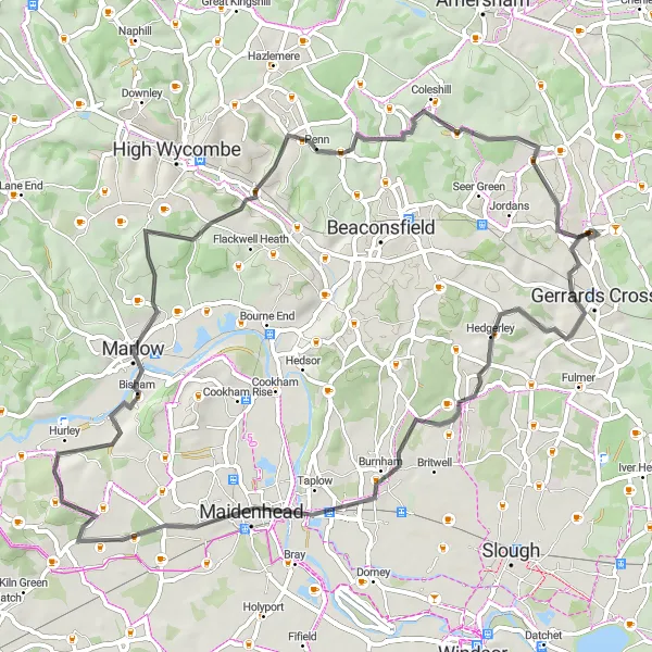 Map miniature of "Chalfont to Coleshill Loop" cycling inspiration in Berkshire, Buckinghamshire and Oxfordshire, United Kingdom. Generated by Tarmacs.app cycling route planner