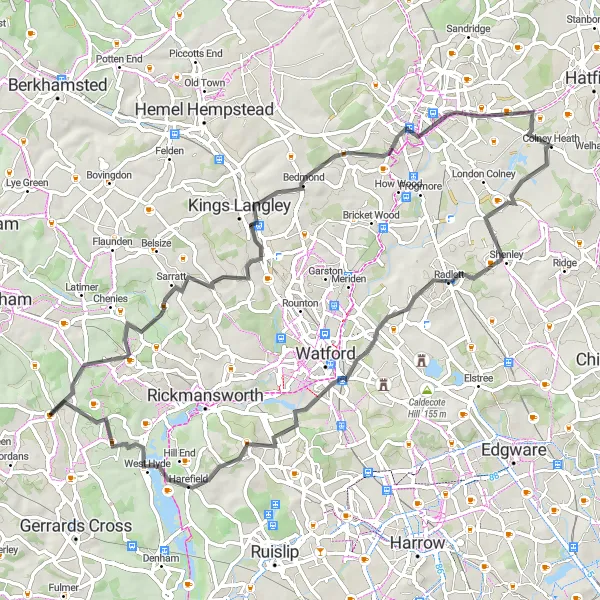 Map miniature of "Chalfont St Giles - Redbourn" cycling inspiration in Berkshire, Buckinghamshire and Oxfordshire, United Kingdom. Generated by Tarmacs.app cycling route planner