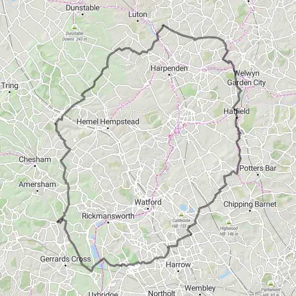Map miniature of "Chalfont St Giles - Ayot St Peter" cycling inspiration in Berkshire, Buckinghamshire and Oxfordshire, United Kingdom. Generated by Tarmacs.app cycling route planner