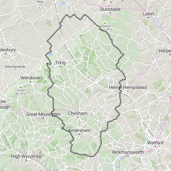 Map miniature of "Hertfordshire Hill Climb" cycling inspiration in Berkshire, Buckinghamshire and Oxfordshire, United Kingdom. Generated by Tarmacs.app cycling route planner