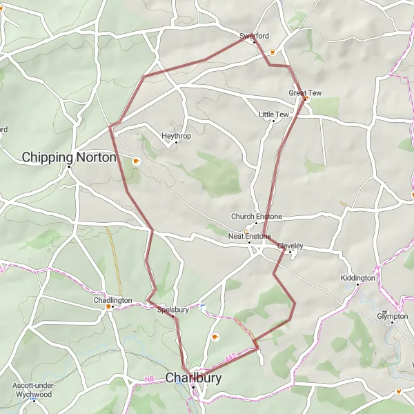 Map miniature of "Charming Gravel Adventure from Charlbury" cycling inspiration in Berkshire, Buckinghamshire and Oxfordshire, United Kingdom. Generated by Tarmacs.app cycling route planner