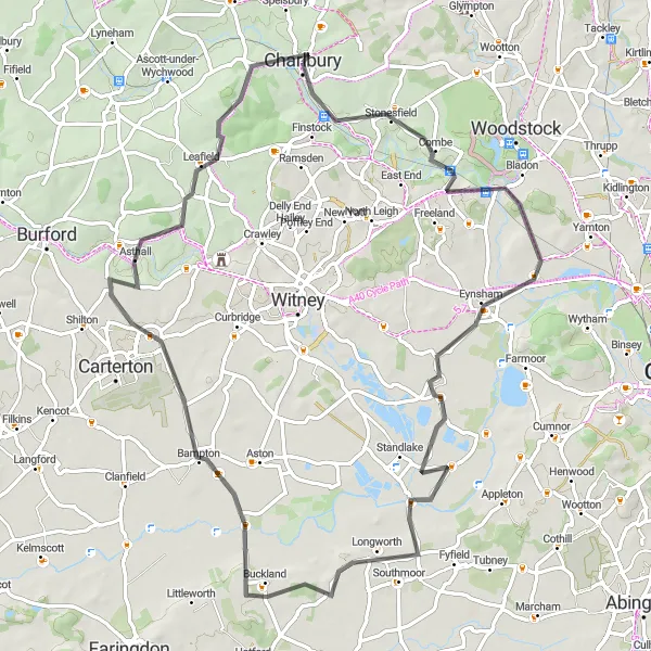 Map miniature of "Scenic Road Loop from Charlbury" cycling inspiration in Berkshire, Buckinghamshire and Oxfordshire, United Kingdom. Generated by Tarmacs.app cycling route planner