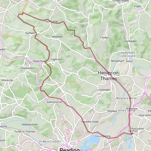Map miniature of "The Playhatch Gravel Adventure" cycling inspiration in Berkshire, Buckinghamshire and Oxfordshire, United Kingdom. Generated by Tarmacs.app cycling route planner