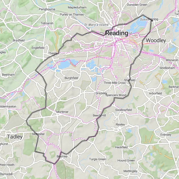 Map miniature of "Spencers Wood Loop" cycling inspiration in Berkshire, Buckinghamshire and Oxfordshire, United Kingdom. Generated by Tarmacs.app cycling route planner