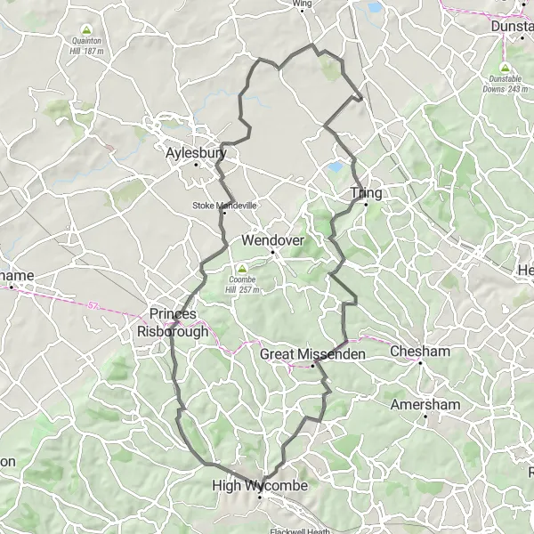 Map miniature of "Wycombe Explorer" cycling inspiration in Berkshire, Buckinghamshire and Oxfordshire, United Kingdom. Generated by Tarmacs.app cycling route planner