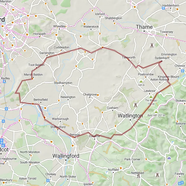 Map miniature of "Chinnor Loop via The Knapp and Berinsfield" cycling inspiration in Berkshire, Buckinghamshire and Oxfordshire, United Kingdom. Generated by Tarmacs.app cycling route planner