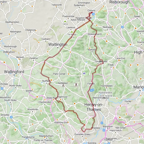 Map miniature of "Chinnor Loop via Stokenchurch and Henley-on-Thames" cycling inspiration in Berkshire, Buckinghamshire and Oxfordshire, United Kingdom. Generated by Tarmacs.app cycling route planner