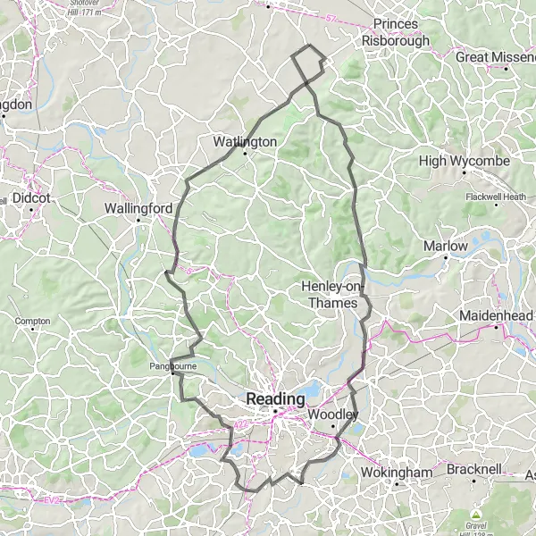 Map miniature of "The Chinnor Sydenham Loop" cycling inspiration in Berkshire, Buckinghamshire and Oxfordshire, United Kingdom. Generated by Tarmacs.app cycling route planner