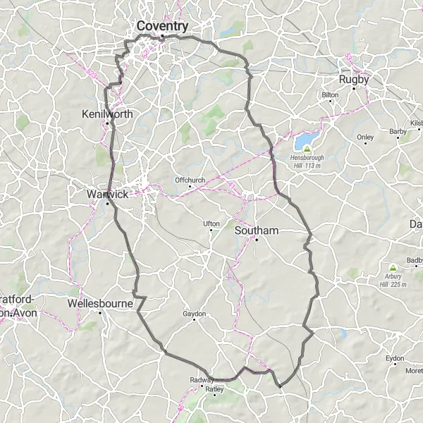 Map miniature of "Claydon to Warwick Loop" cycling inspiration in Berkshire, Buckinghamshire and Oxfordshire, United Kingdom. Generated by Tarmacs.app cycling route planner