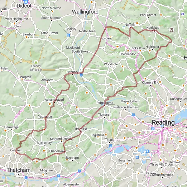 Map miniature of "Cold Ash Historical and Scenic Gravel Loop" cycling inspiration in Berkshire, Buckinghamshire and Oxfordshire, United Kingdom. Generated by Tarmacs.app cycling route planner