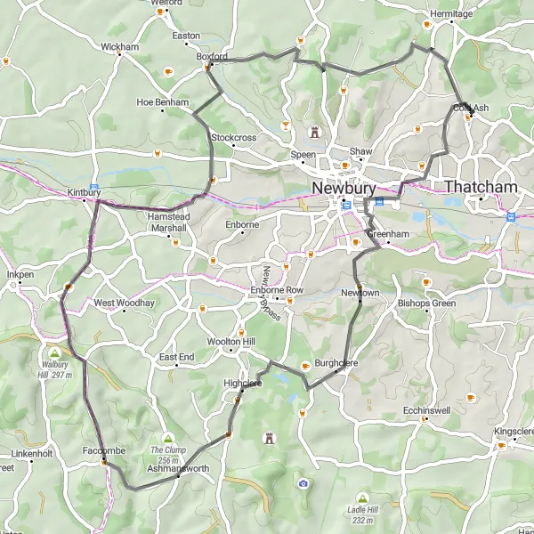 Map miniature of "Cold Ash to Curridge Loop" cycling inspiration in Berkshire, Buckinghamshire and Oxfordshire, United Kingdom. Generated by Tarmacs.app cycling route planner