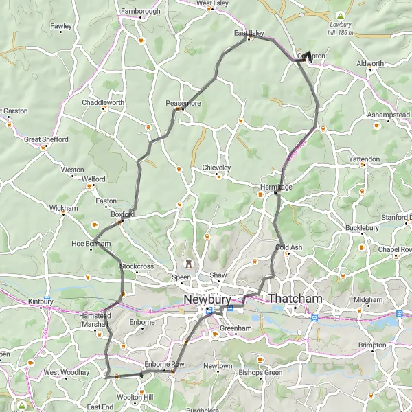 Map miniature of "Scenic Road Loop from Compton" cycling inspiration in Berkshire, Buckinghamshire and Oxfordshire, United Kingdom. Generated by Tarmacs.app cycling route planner