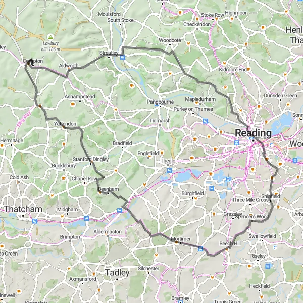 Map miniature of "Exploring Rural Oxfordshire" cycling inspiration in Berkshire, Buckinghamshire and Oxfordshire, United Kingdom. Generated by Tarmacs.app cycling route planner
